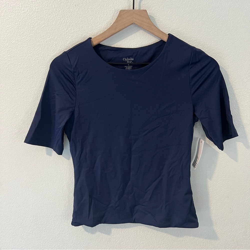 Ophelia Roe Navy Fitted Short Sleeve Double Layered Nylon‎ Crew Neck T-Shirt S